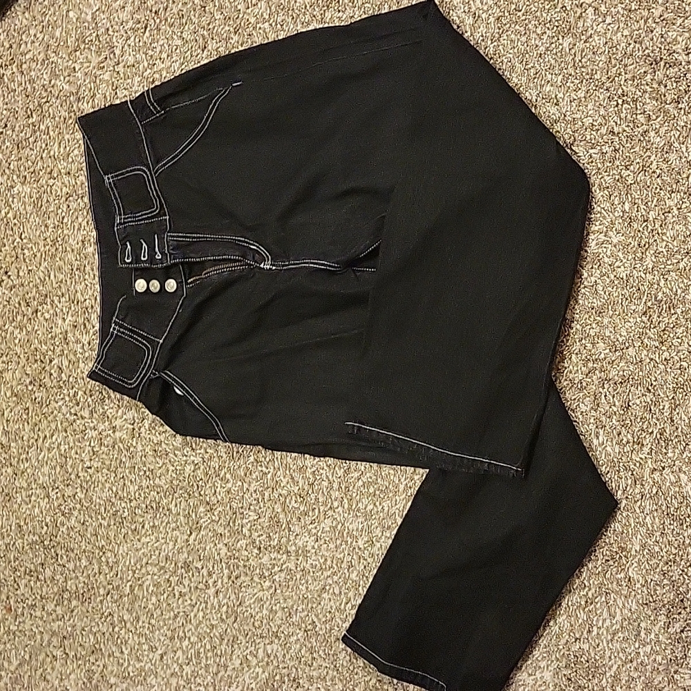 Black wide leg jeans with contrast stitching